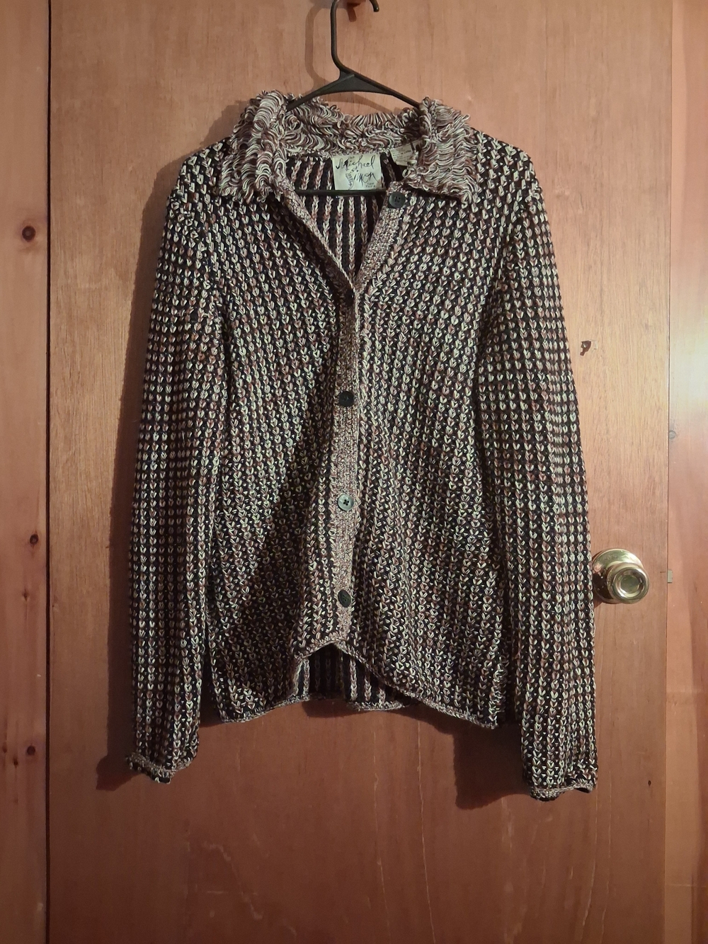 Michael Simon Textured Button-Front Cardigan in Brown & Cream